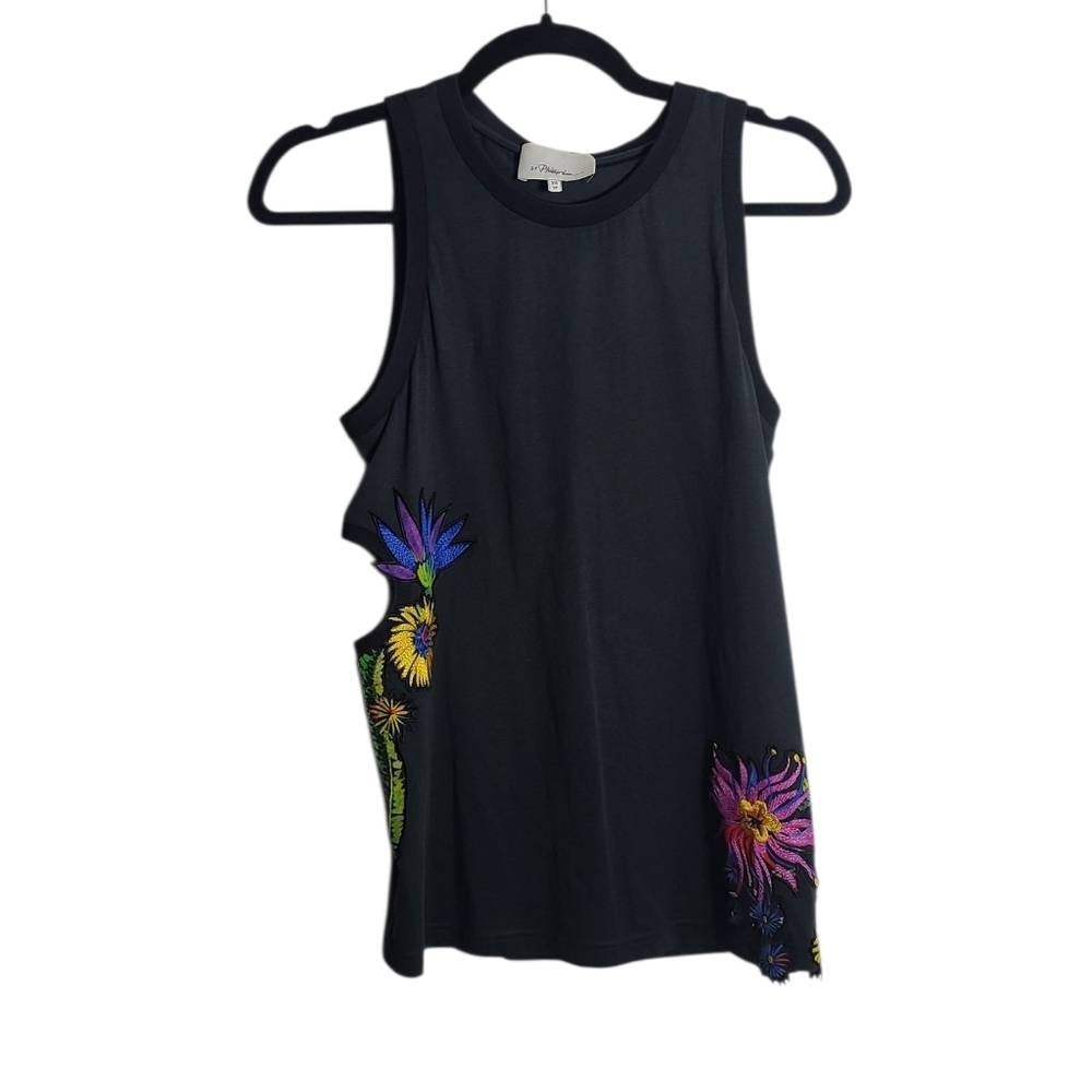 3.1 PHILLIP LIM Embroidered Floral Patch Tank with Cut Out Design Black Size XS